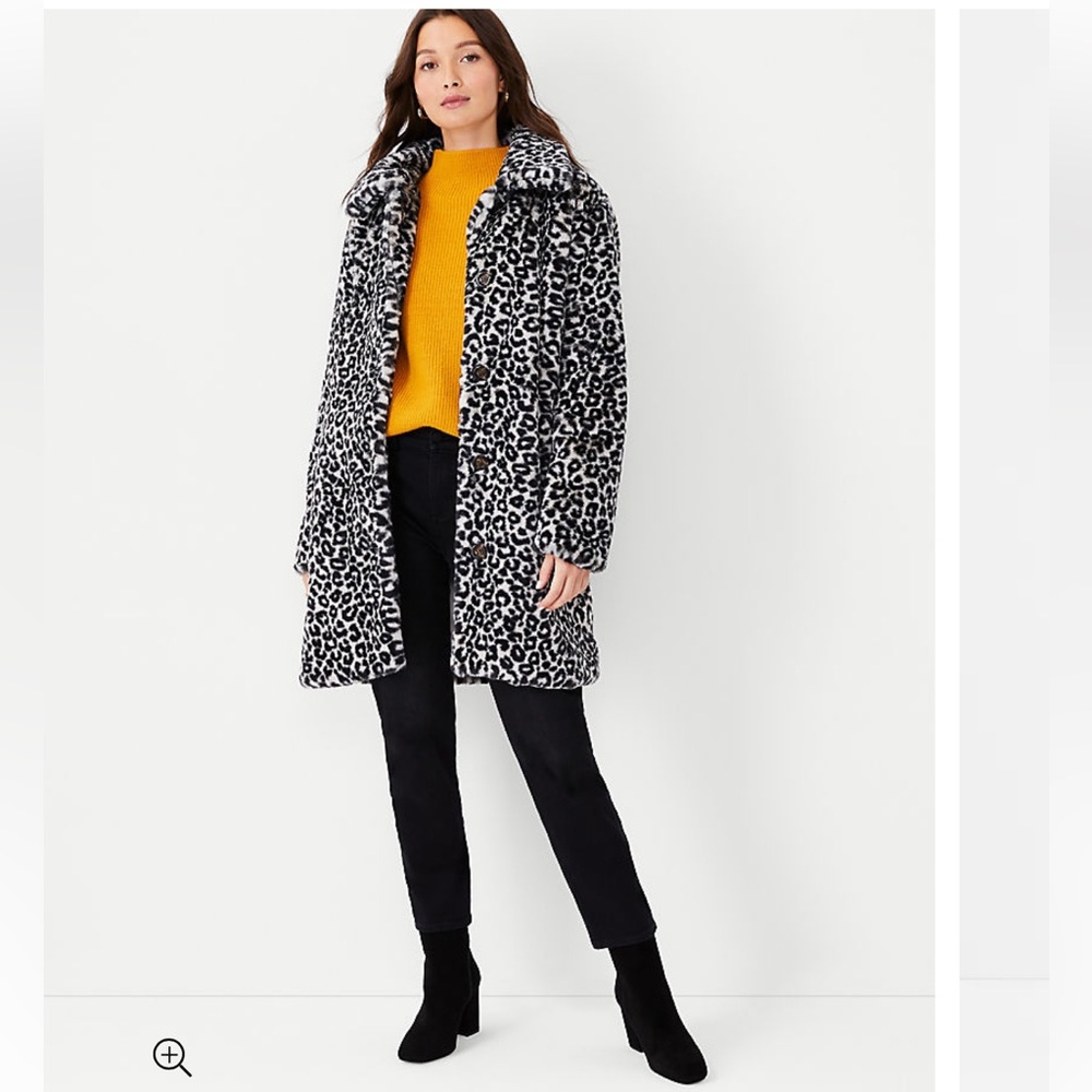 ANN TAYLOR Snow Leopard Print Faux Fur Coat Petite Small PS SP NWT $268